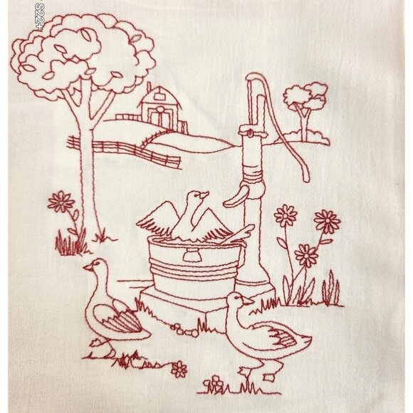 Duck Farm Country Outhouse Kitchen Cotton Tea Towels With Red Embroidery Design - Picture 2 of 9